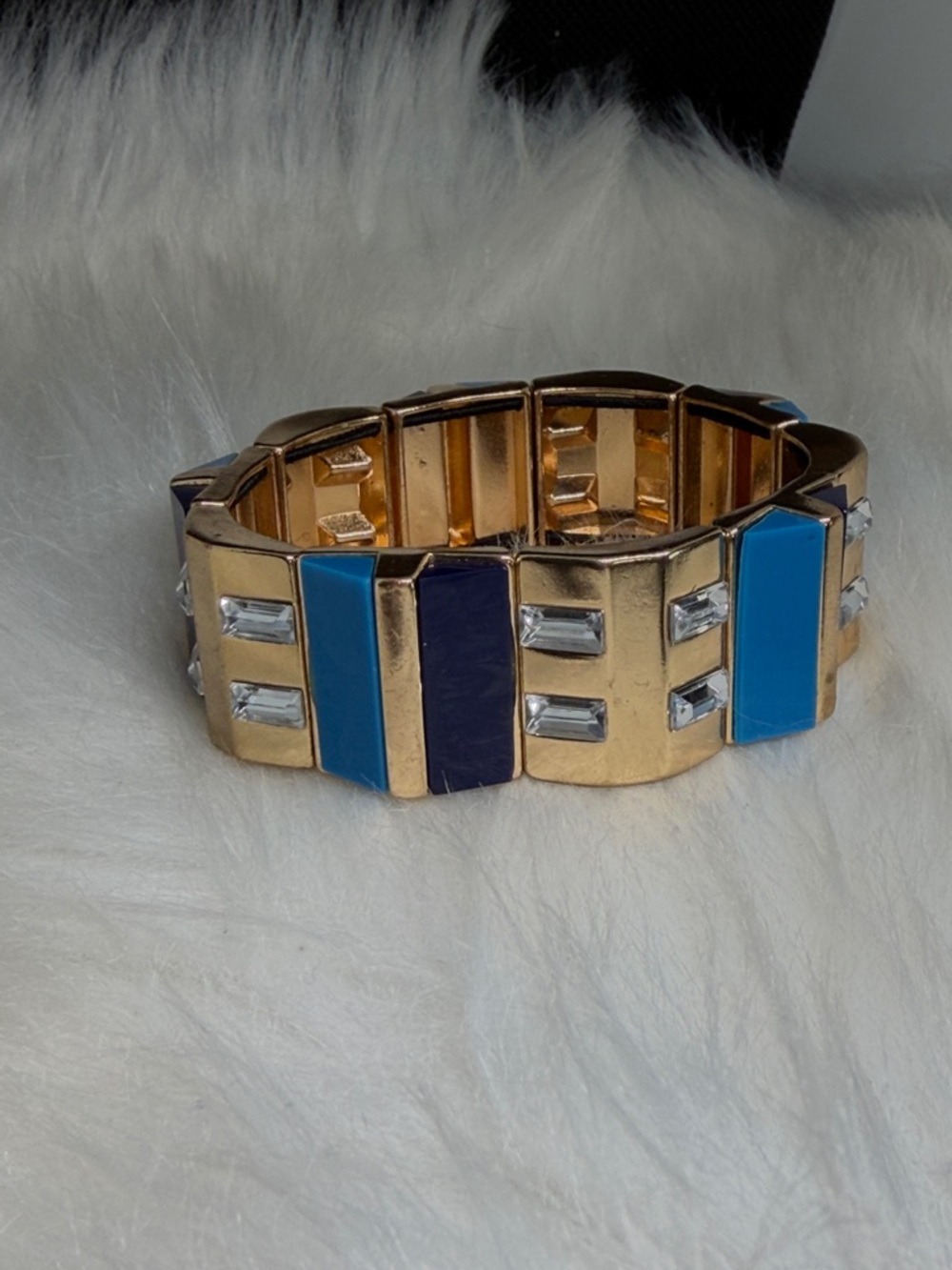 Vintage 80s Color Block Stretch Bracelet Gold Tone Blue Enamel Rhinestone